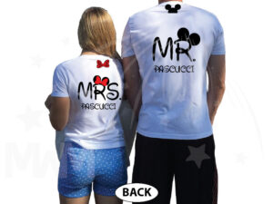 I Do Wedding Date Mr Mrs Custom Last Name, Cute Minnie Mouse Polka Dot Red Bow and Mickey Mouse Head On Hood married with mickey white tshirts