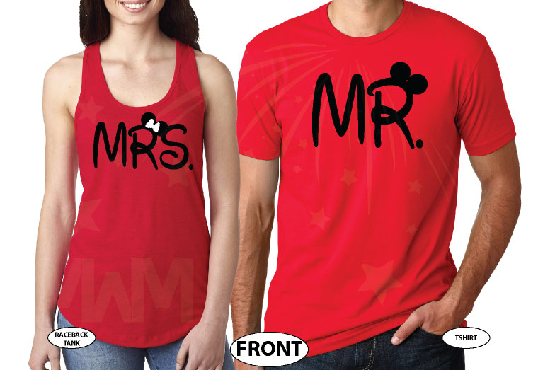 Mr and Mrs Mickey Minnie Mouse Disney Cute Holding Hands married with mickey red tees