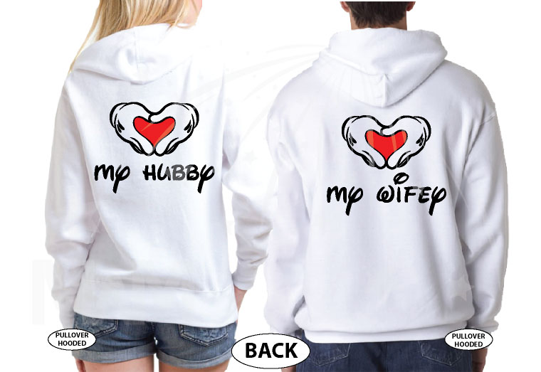 Mickey Hands In Heart Love My Hubby Love My Wifey married with mickey white hoodies