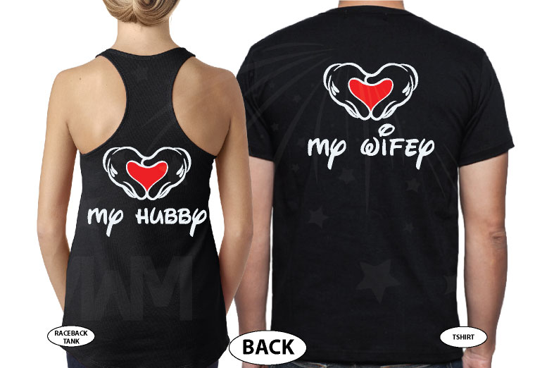 Mickey Hands In Heart Love My Hubby Love My Wifey married with mickey black tshirts
