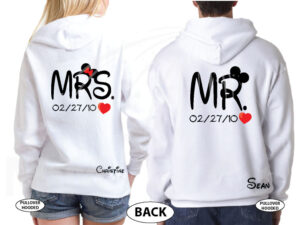 Mrs Mr Little Mickey Minnie Mouse Cute Kissing With Names and Wedding Date married with mickey white hoodies