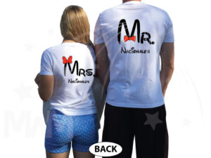 Mr Mrs Mickey Mouse Tie Bow Minnie Mouse Head Last Name married with mickey white tees