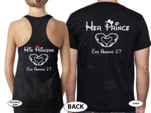 Mrs Mr His Princess Her Prince With Wedding Date Mickey's Hands In Heart Shape married with mickey mwm black tank and tshirt