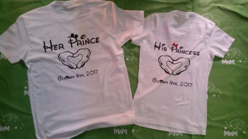 Super cute matching couple tees for Mr and Mrs Mickey Minnie Mouse big ears Her Prince His Princess hands in heart shape wedding date etsy, married with mickey, white tees
