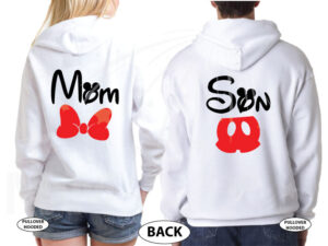 Family 2 Shirts, Mom Son Minnie Mouse Cute Red Bow Mickey Mouse Pants (add names on front) married with mickey white sweatshirts