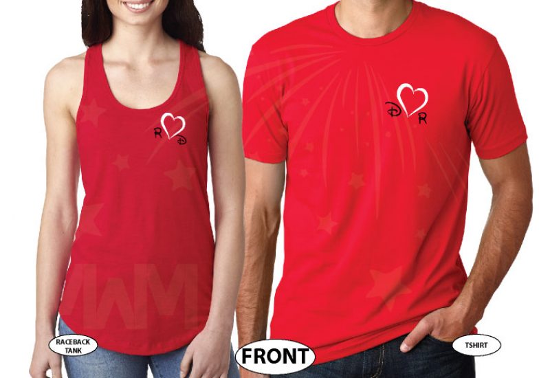Mr Mrs Cute Hearts Initials Last Name Wedding Date Disney Font married with mickey red tee and tank