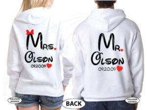 Mr Mrs Cute Hearts Initials Last Name Wedding Date Disney Font married with mickey white sweatshirts