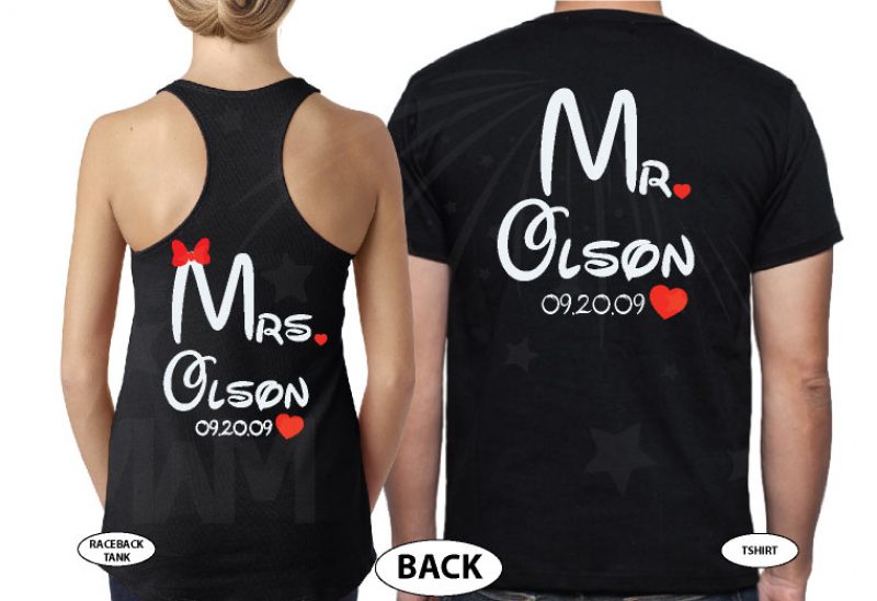 Mr Mrs Cute Hearts Initials Last Name Wedding Date Disney Font married with mickey black tee and tank