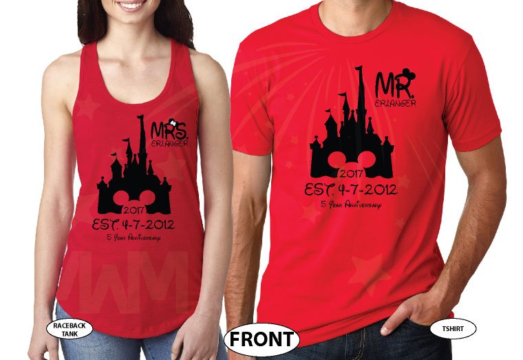 Mr Mrs Last Name Cinderella Castle Mickey Mouse Head 2017 Est Wedding Date married with mickey red tee and tank