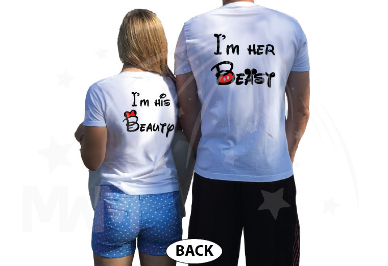 I'm His Beauty I'm Her Beast Back Disney Font Design married with mickey white tshirts