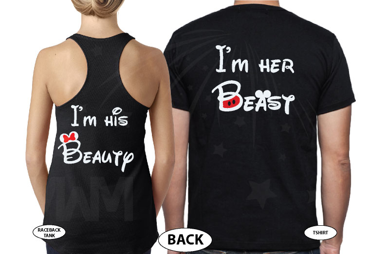 I'm His Beauty I'm Her Beast Back Disney Font Design married with mickey black tee and tank