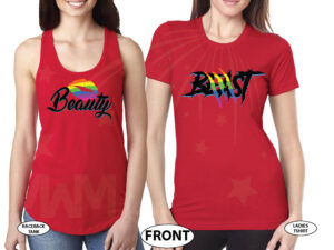 LGBT Lesbian Matching Shirts Beast With Lion Scratch Rainbow Colors Beauty With Cute Lips Rainbow Colors married with mickey red tshirts