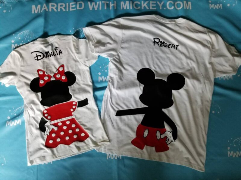 Mr and Mrs Mickey Minnie Mouse Disney Cute Holding Hands married with mickey white tshirts