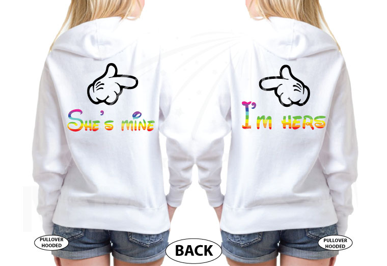 LGBT Lesbian She's Mine I'm Hers Kissing Minnies married with mickey white hoodies