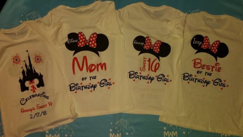 Birthday Shirts for Friends and Family Members, Birthday Girl (Boy) Sweet 16, Minnie Mouse Head With Polka Dots Bow, Mom of the Birthday Girl, Bestie of the Birthday Girl married with mickey mwm white tshirts