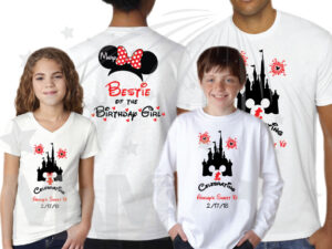 Birthday Shirts for Friends and Family Members, Birthday Girl (Boy) Sweet 16, Minnie Mouse Head With Polka Dots Bow, Mom of the Birthday Girl, Bestie of the Birthday Girl white tshirts