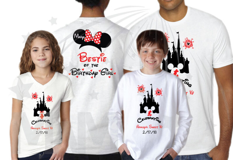 Birthday Shirts for Friends and Family Members, Birthday Girl (Boy) Sweet 16, Minnie Mouse Head With Polka Dots Bow, Mom of the Birthday Girl, Bestie of the Birthday Girl white tshirts