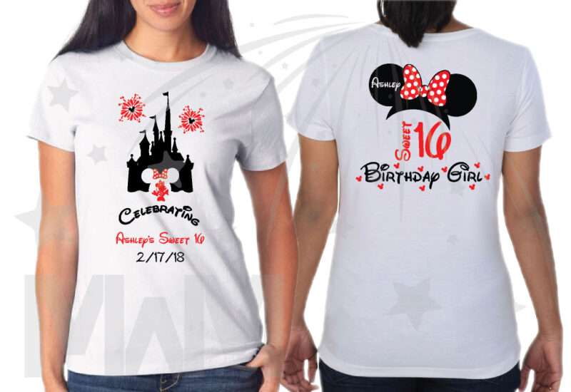 Birthday Shirts for Friends and Family Members, Birthday Girl (Boy) Sweet 16, Minnie Mouse Head With Polka Dots Bow, Mom of the Birthday Girl, Bestie of the Birthday Girl white tshirt