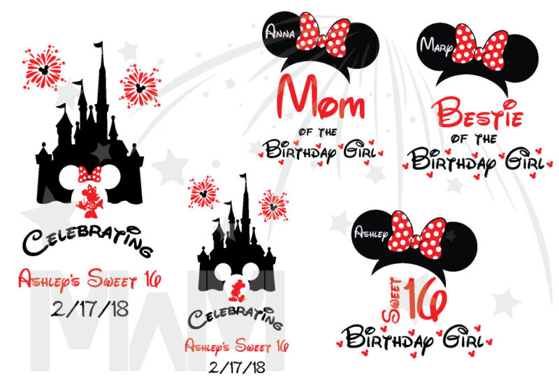 Birthday Shirts for Friends and Family Members, Birthday Girl (Boy) Sweet 16, Minnie Mouse Head With Polka Dots Bow, Mom of the Birthday Girl, Bestie of the Birthday Girl married with mickeya
