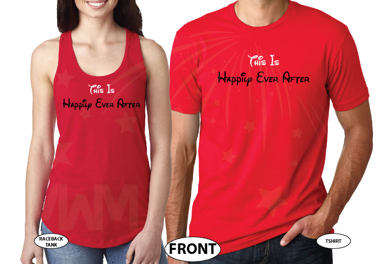 Mr Mrs Est 2017 Matching Couple Shirts Disney Font, This Is Happily Ever After, Married With Mickey red tees