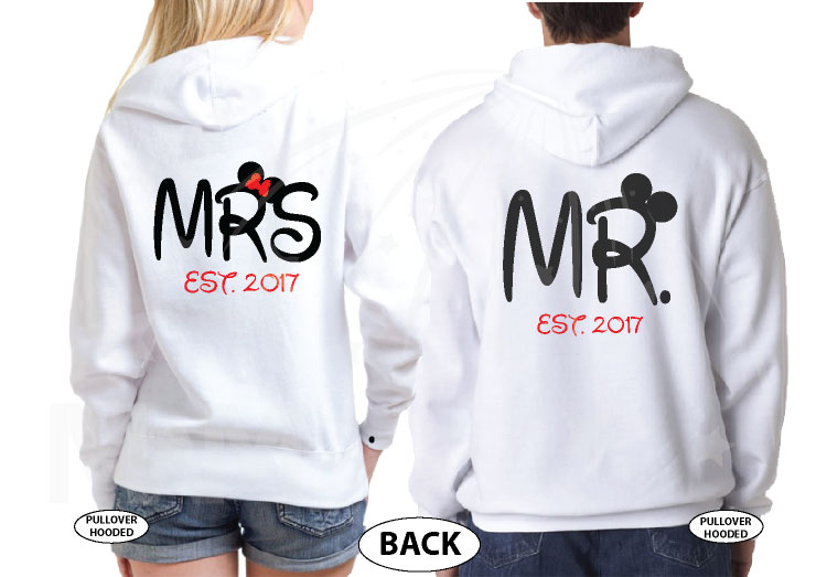 Mr Mrs Est 2017 Matching Couple Shirts Disney Font, This Is Happily Ever After, Married With Mickey white hoodies