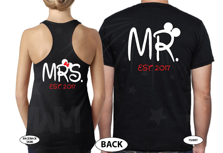 Mr Mrs Est 2017 Matching Couple Shirts Disney Font, This Is Happily Ever After, Married With Mickey black tshirts