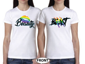 LGBT Lesbian Rainbow Design Beauty and Beast , Last Name and Wedding Date married with mickey white tees