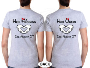 LGBT Lesbian Matching Shirts, I'm Hers She's Mine Rainbow Colored Mickey Pointing, Her Princess Her Queen Hands In Heart Shape married with mickey grey tshirts