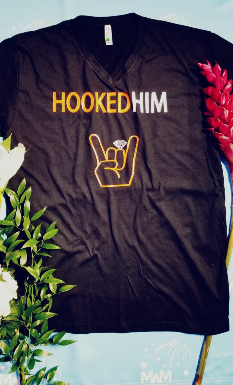 Hooked Him Ladies T-Shirt, Racerback Tank Top, V Neck T-Shirt and other styles (please leave a note with your ring color (silver or gold), married with mickey, black v neck t shirt