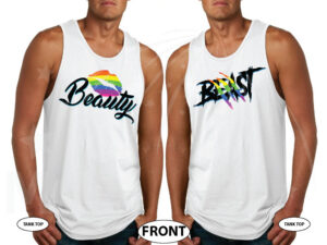 LGBT Gay Beast With Lion Scratch Rainbow Colors Beauty With Cute Lips Rainbow Colors married with mickey white tank tops