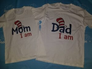 Dr Seuss matching Dad I am and Mom I am family parents t shirts, read across America Grinch Cat in a hat Green Eggs and Ham tops and tees, married with mickey