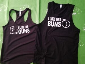 I Like His Guns, I Like Her Buns Matching Couple Shirts, married with mickey, matching tank tops black