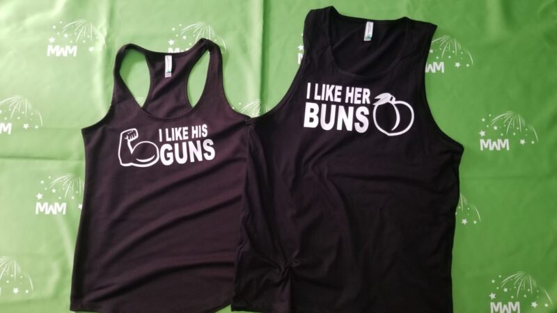 I Like His Guns, I Like Her Buns Matching Couple Shirts, married with mickey, matching tank tops black