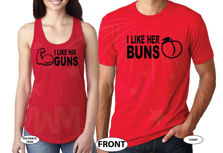 I Like His Guns, I Like Her Buns Matching Couple Shirts married with mickey red tee and tank