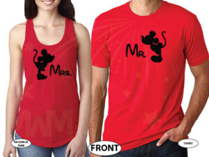 Mr and Mrs Kissing Mickey Minnie Mouse, His and Hers married with mickey world's cutest couple shirts red tee and tank