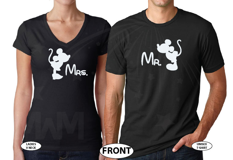 Mr and Mrs Kissing Mickey Minnie Mouse, His and Hers married with mickey world's cutest couple shirts black tshirts