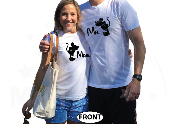 Mr and Mrs Kissing Mickey Minnie Mouse, His and Hers married with mickey world's cutest couple shirts white tshirts