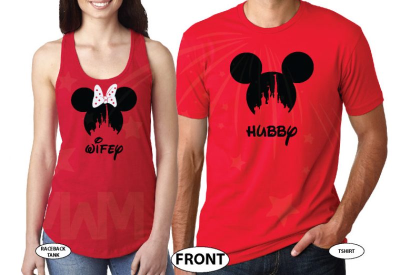 Hubby and Wifey Matching Couple Shirts, Mickey Minnie Mouse Heads married with mickey world's cutest matching couple shirts red tee and tank