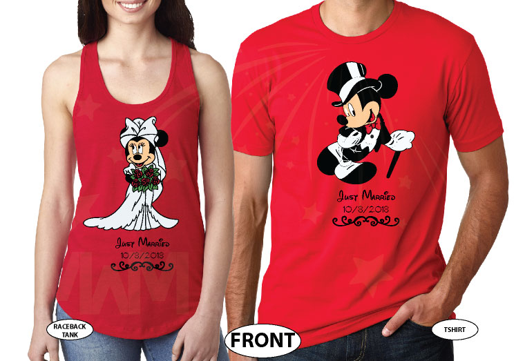 Minnie Mouse Bride, Mickey Mouse Groom, Just Married With Wedding Date, Married With Mickey, world's cutest matching couple shirts red tee and tank