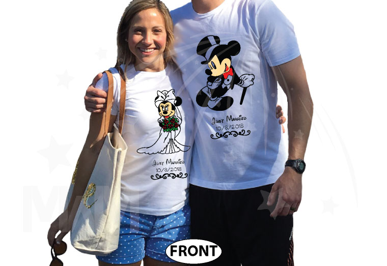 Minnie Mouse Bride, Mickey Mouse Groom, Just Married With Wedding Date, Married With Mickey, world's cutest matching couple shirts white tshirts