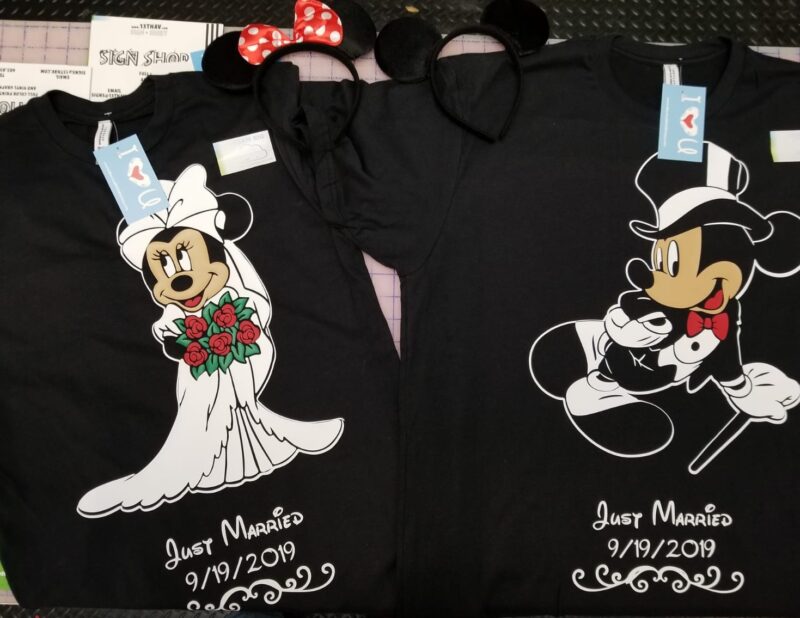 Personalize awesome matching Just Married apparel with wedding date, Shirt for Minnie Mouse Bride and Mickey Mouse Groom, married with mickey