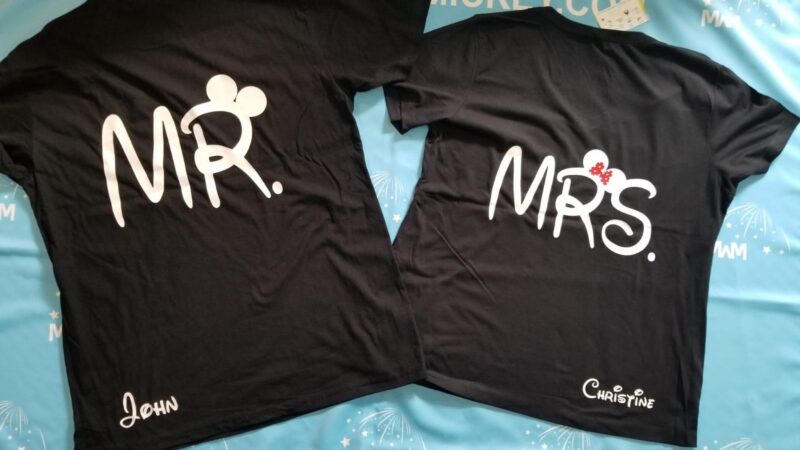 Mr and Mrs Couple Shirts, Custom Names, Mickey Minnie Mouse Cute Kissing, married with mickey, black matching t shirts