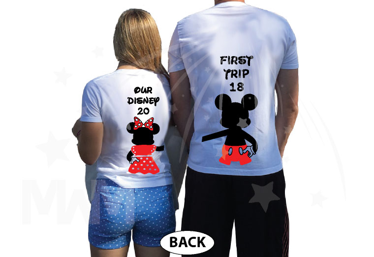 Mickey Minnie Mouse Disney Super Cute Couple, Holding Hands, Our First Disney Trip 2018, Married With Mickey world's cutest matching couple shirts white shirts