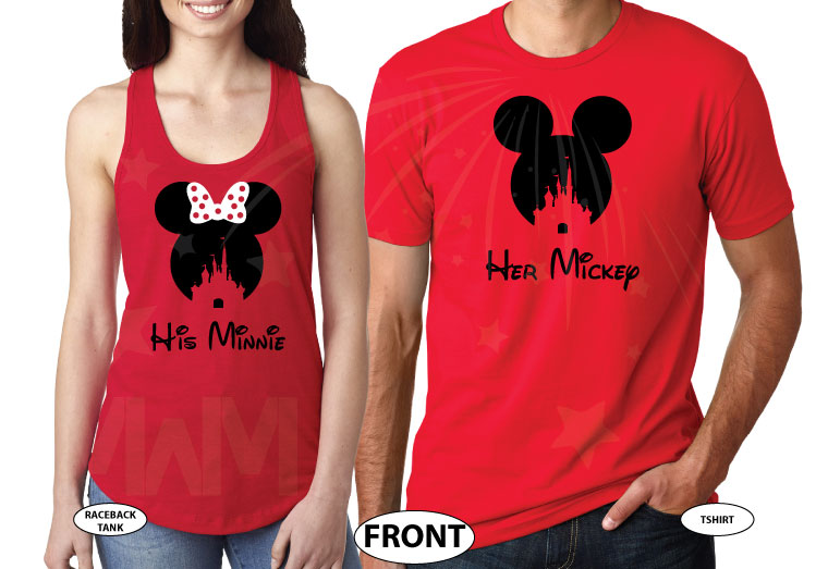 500125 His Mickey, Minnie Head With Polka Dots Cute Red Bow, Her Mickey, Mickey Head WIth Cinderella Castle married with mickey cutest matching couple red tee and tank