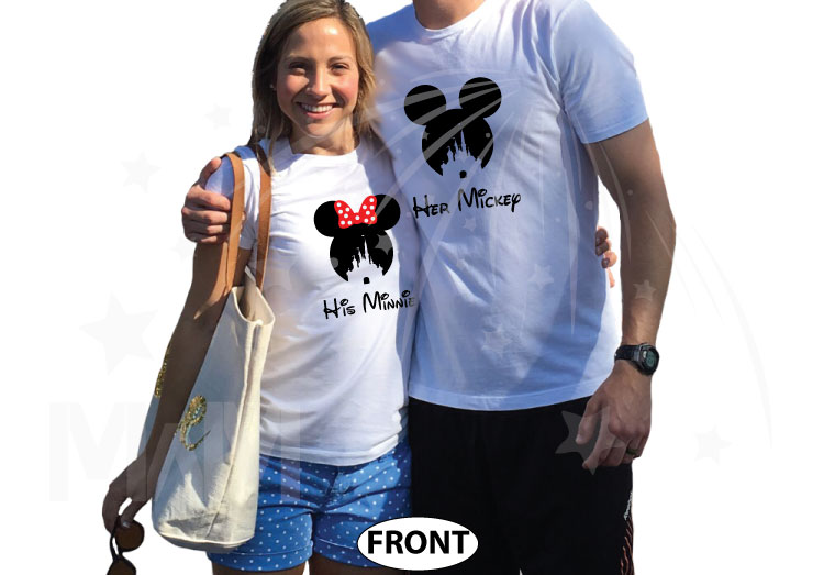 500125 His Mickey, Minnie Head With Polka Dots Cute Red Bow, Her Mickey, Mickey Head WIth Cinderella Castle married with mickey cutest matching couple white t-hirts
