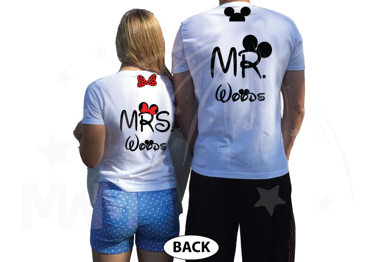 Mr and Mrs With Last Name, Minnie Mouse Cute Red Bow, Mickey Mouse Head, Wedding Date married with mickey cutest matching couple white tshirts