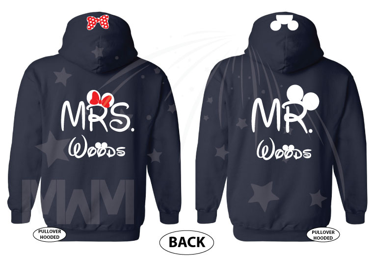 Mr and Mrs With Last Name, Minnie Mouse Cute Red Bow, Mickey Mouse Head, Wedding Date married with mickey cutest matching couple navy hoodies