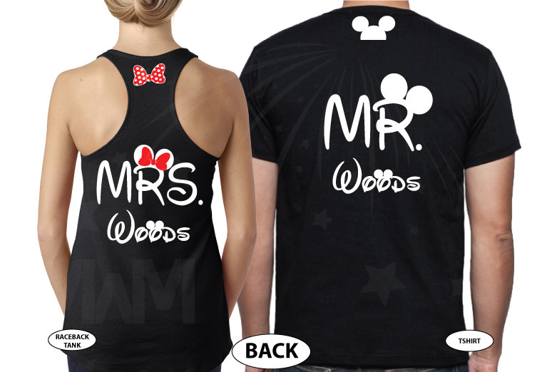 Mr and Mrs With Last Name, Minnie Mouse Cute Red Bow, Mickey Mouse Head, Wedding Date married with mickey cutest matching couple black tee and tank