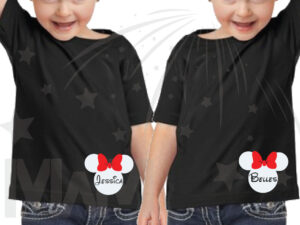 2 Toddler sizes Matching Family Siblings Shirts, Minnie Mouse Cute Red Bow, Lil Sis and Big Sis with Custom Names the world's cutest matching family apparel, black toddler t shirts