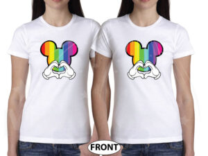 LGBT Lesbian I'm Hers, She's Mine, Mickey Mouse Pointing Hand, The Rainbow Mickey Head With Hands Forming Heart world's cutest matching logbt lesbian shirts, married with mickey white ladies t shirts